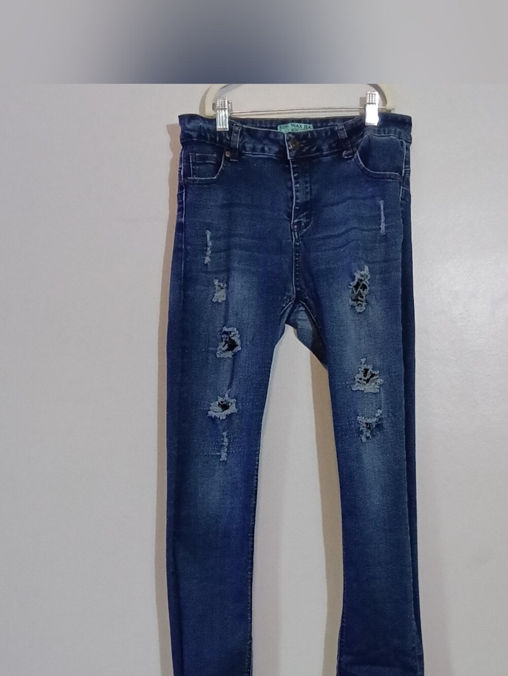 Wax Jean Butt, I Love You Distressed Skinny Jeans Size 13 Dark Blue Wash